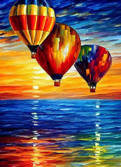 Image similar to beautiful hot air balloons over the ocean at sunset in the style of leonid afremov