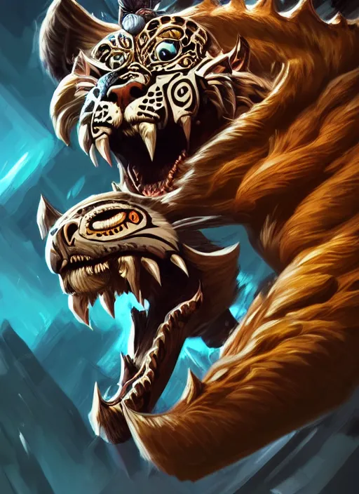 Image similar to a highly detailed illustration of fierce aztec jaguar warrior wearing white jaguar mane, heroic roaring wielding aztec sword pose, intricate, elegant, highly detailed, centered, digital painting, artstation, concept art, smooth, sharp focus, league of legends concept art, wlop