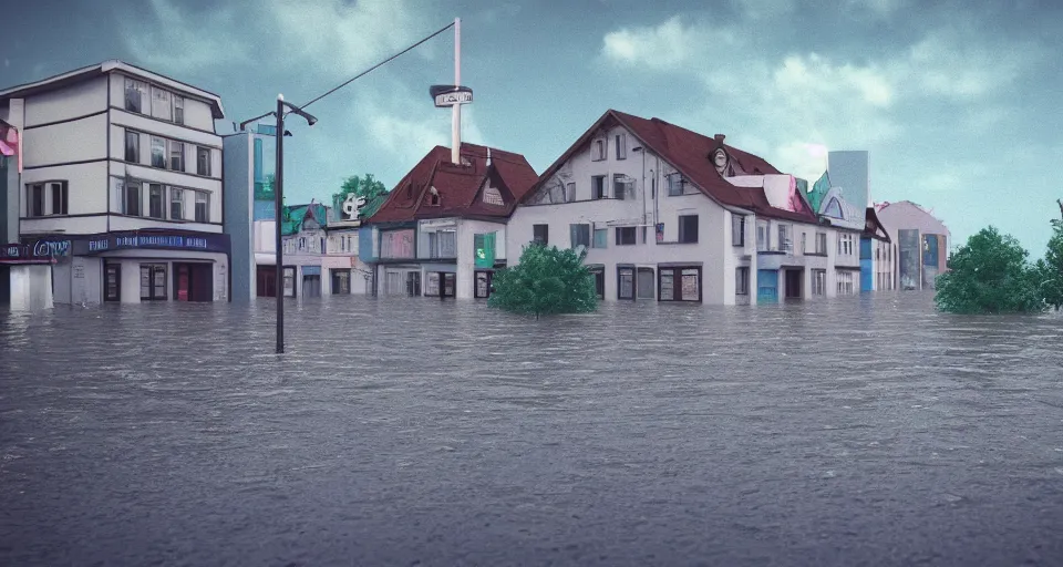 Prompt: 80s vaporwave outrun 3d Render of a german town being flooded, liminal space retro, grainy, noisy, early 90s cgi