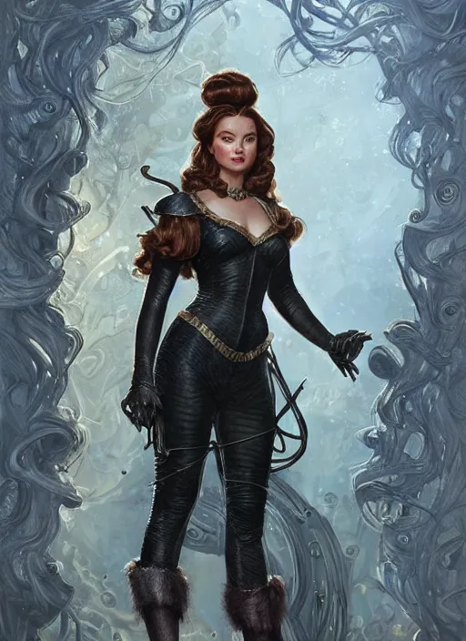 Prompt: beautiful female dorothy gale, rebecca romijn as dorothy, full body character concept, covered in full leather armor, art nouveau, super powers, fantasy, intricate, elegant, highly detailed, digital painting, artstation, concept art, shining, sharp focus, illustration, art by stanley lau