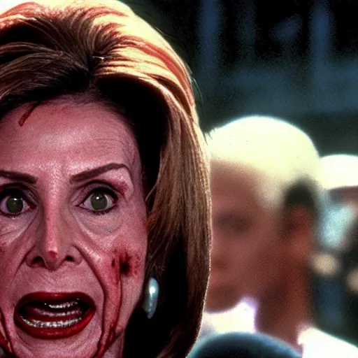 Prompt: A 90s slasher film featuring Nancy Pelosi as the monster