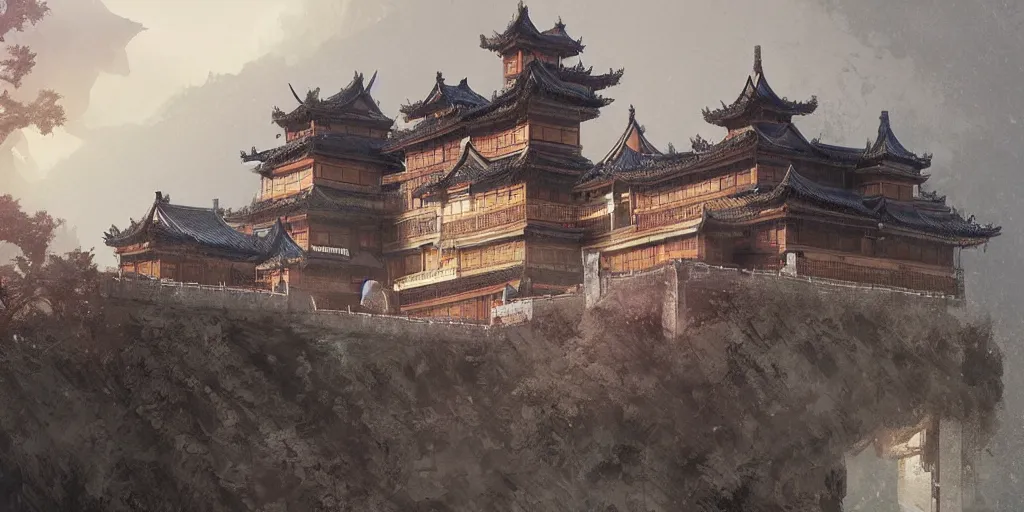 Prompt: a majestic chinese castle by greg rutkowski and thomas kindade, trending on artstation.