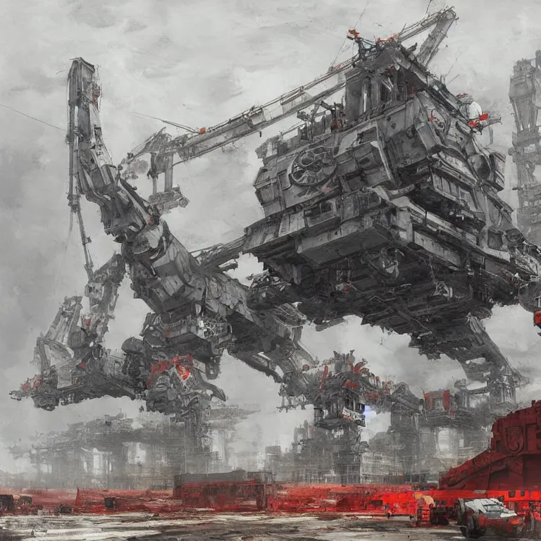 Prompt: construction of a giant soviet mech at the factory by jakub rozalski