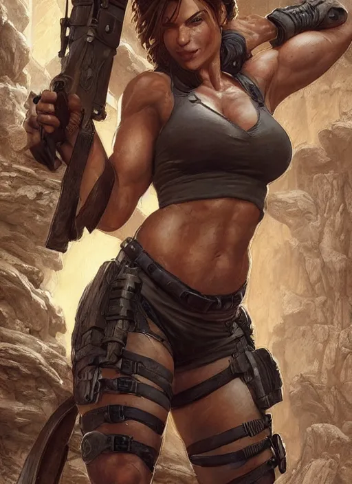 Image similar to muscled Lara Croft grinning as a ruggedly handsome heroine, intricate, elegant, highly detailed, centered, artstation, concept art, smooth, sharp focus, illustration, bokeh art by artgerm and donato giancola and Joseph Christian Leyendecker, WLOP