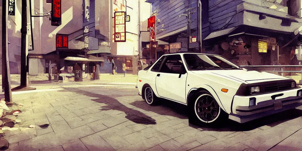 Image similar to ae 8 6 parked on a tokyo street, digital painting, masterpiece, by ilya kuvshinov, by frank frazetta, by mbius, by reiq, by hayao miyazaki