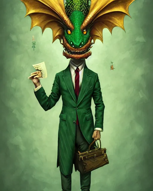 Prompt: anthropomorphic art of a businessman dragon, green dragon, portrait, victorian inspired clothing by artgerm, victo ngai, ryohei hase, artstation. fractal papers, newspaper. stock certificate, highly detailed digital painting, smooth, global illumination, fantasy art by greg rutkowsky, karl spitzweg