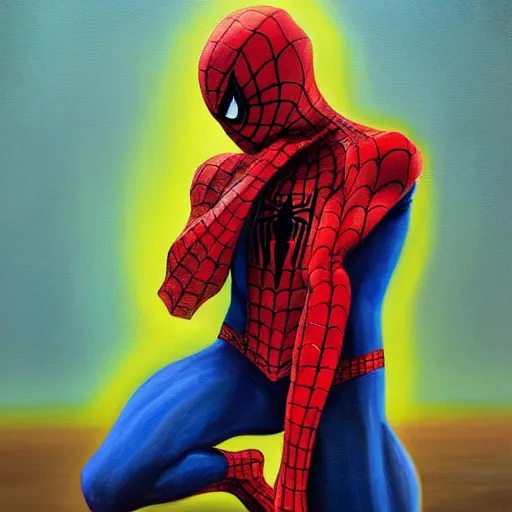 Prompt: spiderman, kneeling, praying, head lowered, portrait, oil, painting