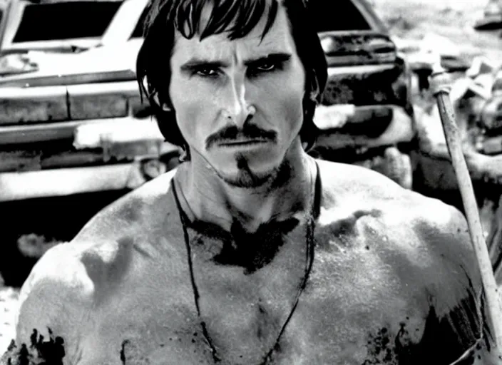 Image similar to film still of Christian Bale as Max in Mad Max 1979