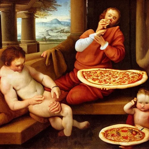 Prompt: a renaissance painting of a man eating pizza on the couch in his pajamas