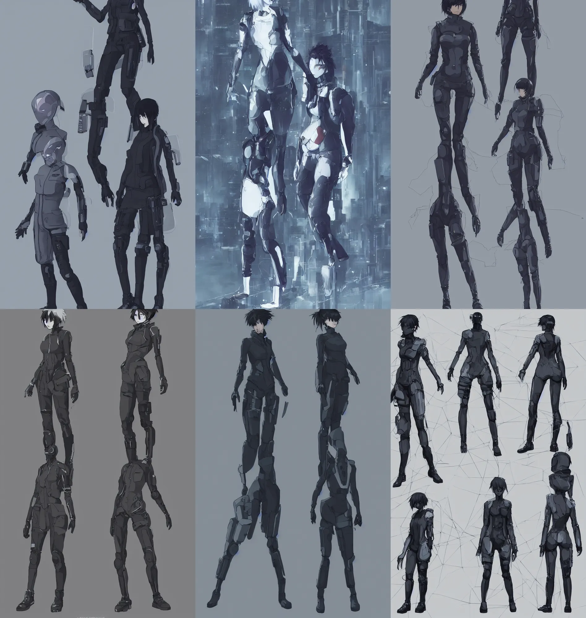 Prompt: a character concept of a single female character, full body, centred composition; anime cyberpunk dream police detective inspired by ergo proxy and ghost in the shell; outfit design, techwear; trending on artstation; clear shapes, clean edges, full body