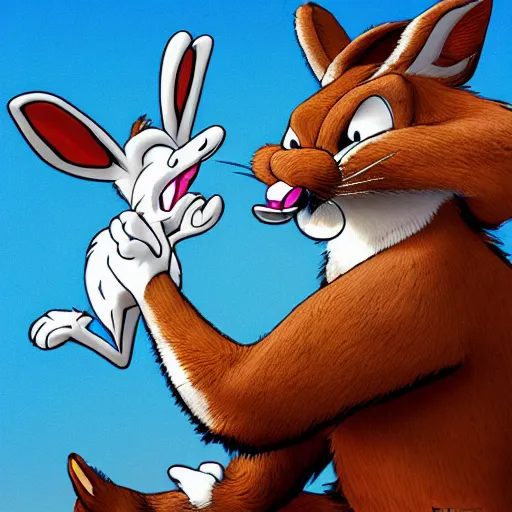 Prompt: bugs bunny being eaten by a mountain lion, digital art, 4k