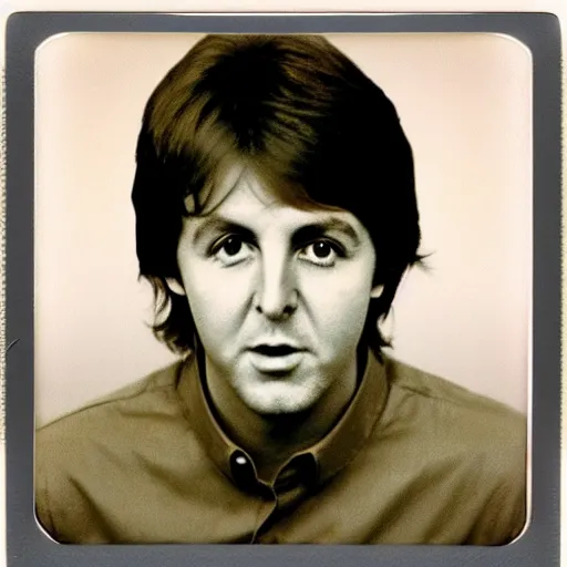 Prompt: Polaroid Portrait of a younger 1970s 35 year old Paul McCartney, taken in the 1970s, photo taken on a 1970s polaroid camera, grainy, real life, hyperrealistic, ultra realistic, realistic, highly detailed, epic, HD quality, 8k resolution, body and headshot, film still, front facing, front view, headshot and bodyshot, detailed face, very detailed face, by Andy Warhol