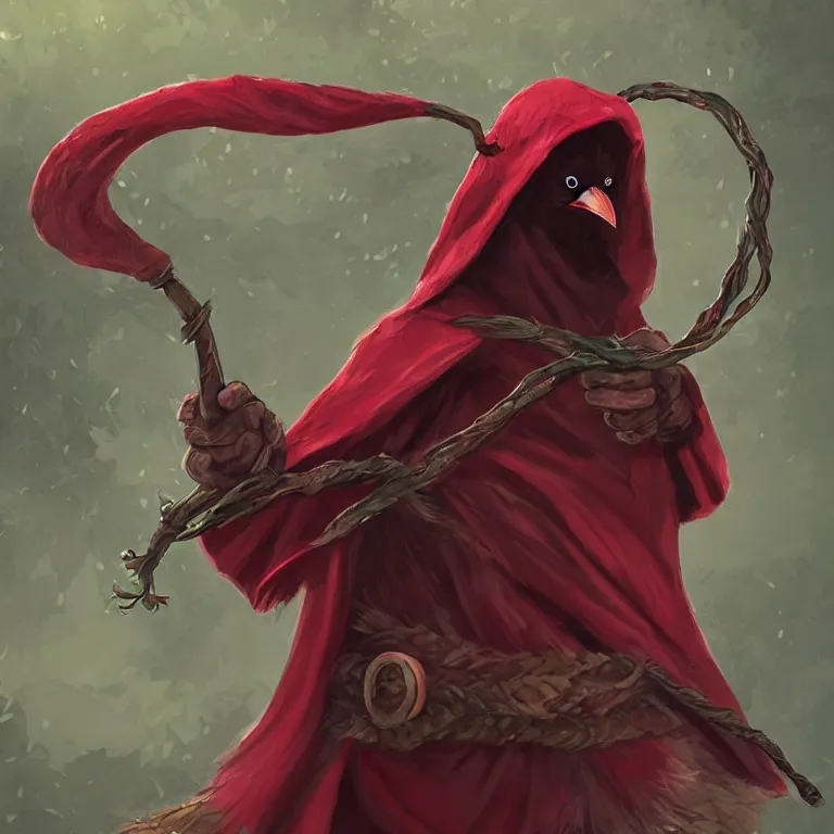 Prompt: a red Kenku druid in a cloak holding a vine whip, fantasy art, digital art, 4K,