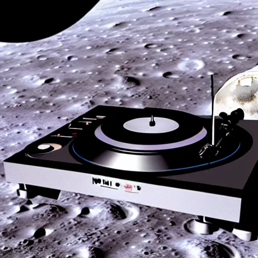 Image similar to a realistic matte painting of a dj with turntable play music on the moon, detailed, 8 k,