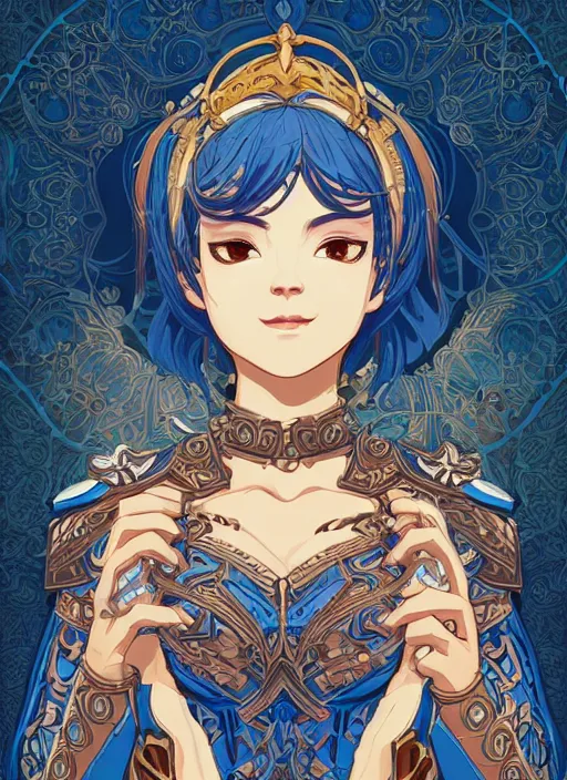 Image similar to a young woman in ornate, intricate blue full plate armor. the armor glows, bursting with light from the decoration. clean cel shaded vector art. shutterstock. behance hd by lois van baarle, artgerm, helen huang, by makoto shinkai and ilya kuvshinov, rossdraws, illustration, art by ilya kuvshinov