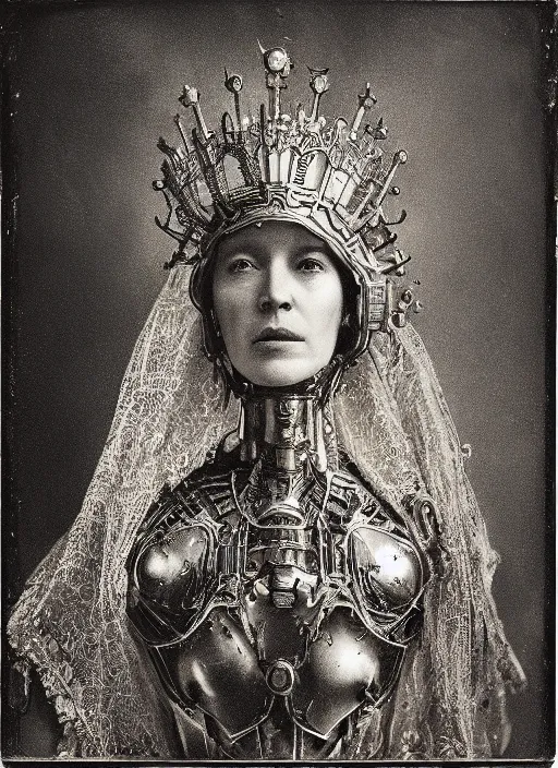 Image similar to old wetplate daguerreotype frame portrait of a futuristic silver armored queen elisabeth emperor district 9 cyborg, fractal, intricate, elegant, highly detailed, subsurface scattering, by jheronimus bosch and greg rutkowski and louis jacques mande daguerre