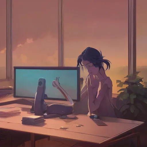 Image similar to beautiful scene render of a person sitting at a desk, looking at monitor, steaming coffee on desk, dimly lit bedroom, perfectly shaded, atmospheric lighting, style of makoto shinkai and peter mohrbacher, studio ghibli. artgerm, karol bak, beeple, animation style, 8 k hd, ultra wide angle, hyper detailed