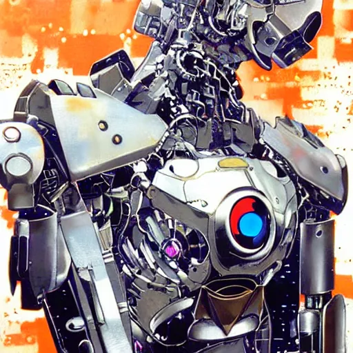 Image similar to the fullmetal neon robot sirius has a kernel without memory nor feelings, lights shaped like eyes on his chest, he believes he is a god, oil on canvas by dave mckean and yoji shinkawa