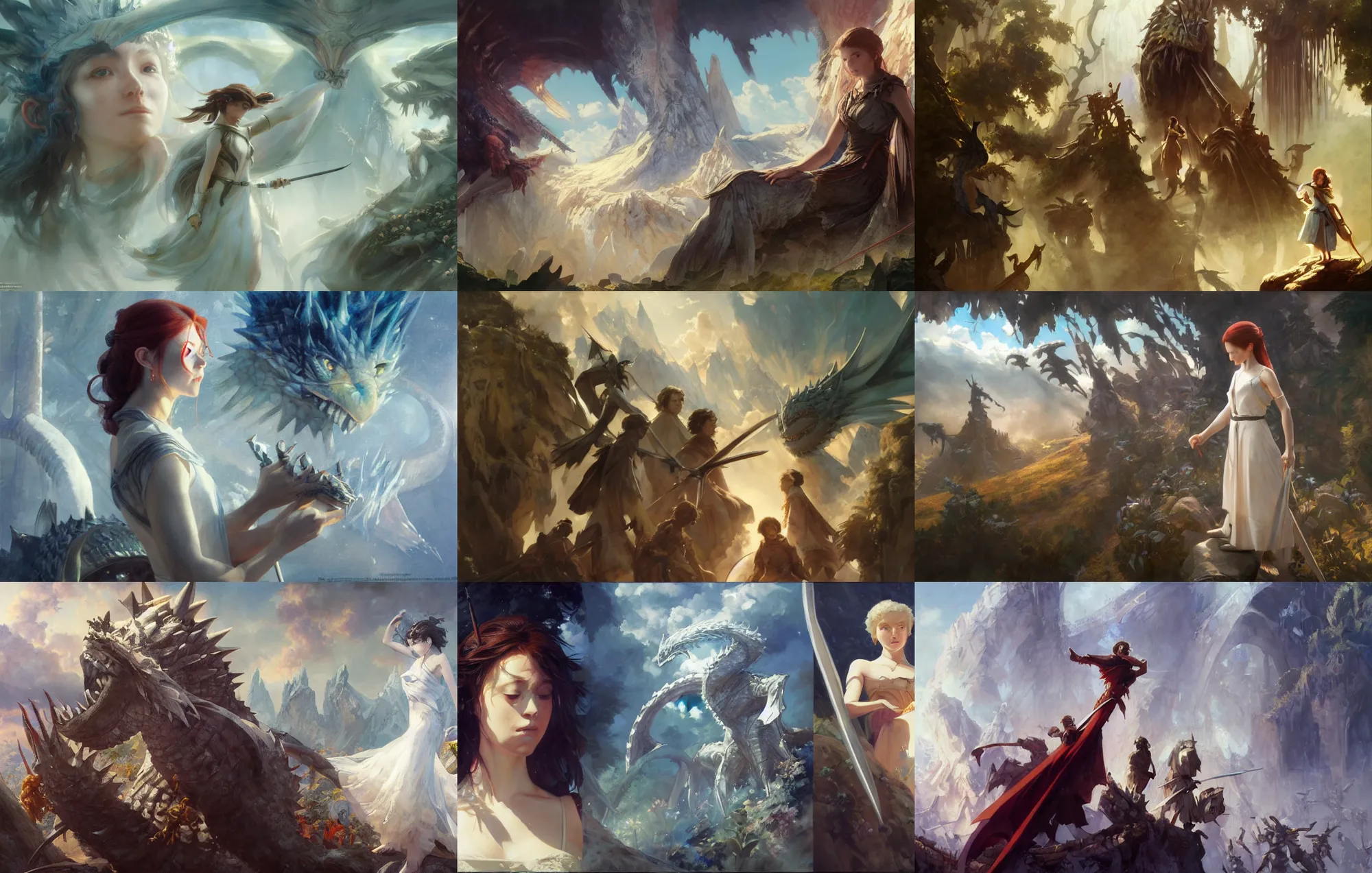 Prompt: painting by studio ghibli and henryk siemiradzki and gred hildebrandt and craig mullins and artgerm, lord of the rings, game of thrones, elegence, walter everett, epic multifigures composition