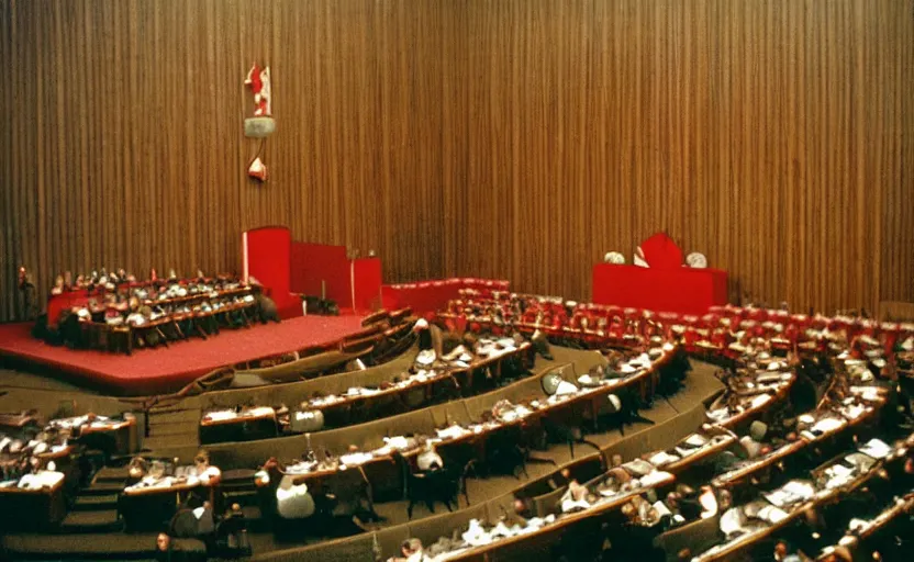 Image similar to 60s movie still of a CCCP congress in a stalinist style parlement, by Irving Penn , cinestill 800t 35mm eastmancolor, heavy grainy picture, very detailed, high quality, 4k, HD criterion, precise texture