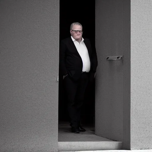 Image similar to ultrarealistic photo of former prime minister scott morrison lurking in the shadows, canon eos r 3, f / 1. 4, iso 2 0 0, 1 / 1 6 0 s, 8 k, raw, unedited, symmetrical balance, in - frame