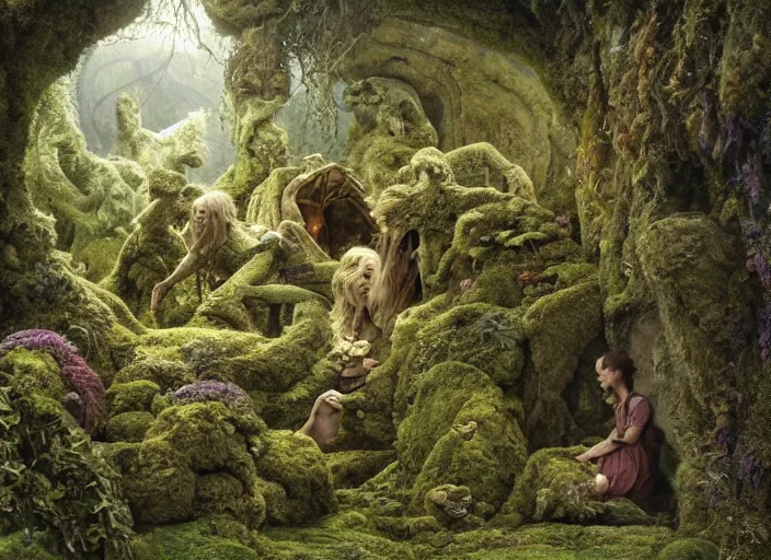 Image similar to jim henson's labyrinth. carved stone overgrown with moss. stonewalls creatures, plants, and social situations will be easier. by edgar maxence and caravaggio and michael whelan and delacroix style, artistic, intricate painting, cinematic lighting, hyper realistic, extremely detailed, 8 k resolution, establishing shot, dramatic lighting