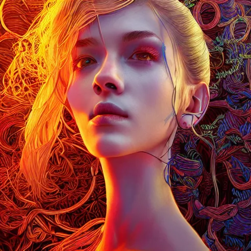 Image similar to the portrait of an unbelievably beautiful woman partially made of onion rings, an ultrafine detailed illustration by james jean, final fantasy, intricate linework, bright colors, behance contest winner, vanitas, angular, altermodern, unreal engine 5 highly rendered, global illumination, radiant light, detailed and intricate environment