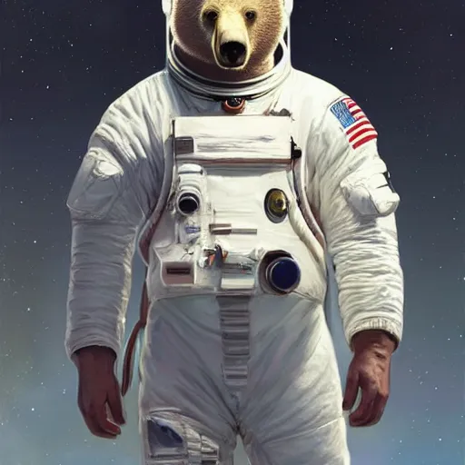 Prompt: a bear in a astronaut suit and walter white, intricate, highly detailed, digital painting, artstation, concept art, smooth, sharp focus, illustration, unreal engine 5, 8 k, art by artgerm and greg rutkowski and alphonse mucha