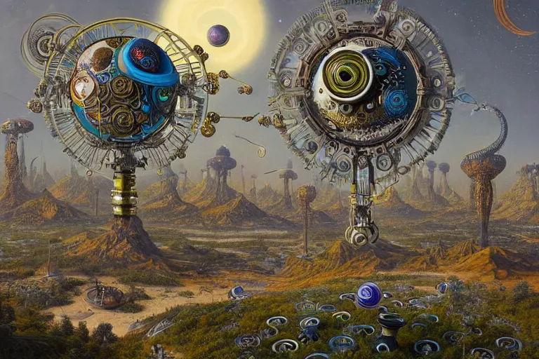 Prompt: a surreal and awe - inspiring science fiction planet overrun with fidget spinners, intricate, ornate, highly detailed fidget spinners, matte painting by ernst haeckel and simon stalenhag