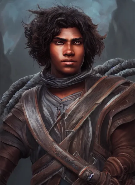 Image similar to An epic fantasy comic book style portrait painting of a young dark skinned long haired boy peasant with intelligent eyes in the style of the wheel of time, unreal 5, DAZ, hyperrealistic, octane render, cosplay, RPG portrait, dynamic lighting