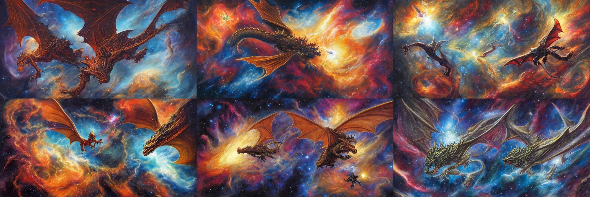 Prompt: a dragon flying in outer space, epic nebula, Dan Seagrave art