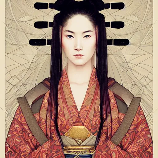 Image similar to a stunning portrait of samurai woman by Evelyn De Morgan and Ross Tran, rossdraws, fresco