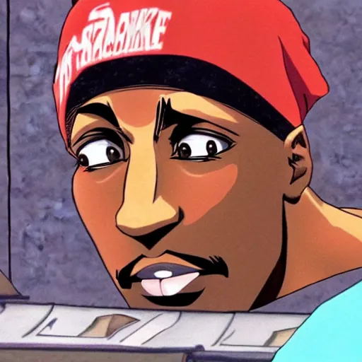 Image similar to Tupac Shakur, screenshot from a 2012s anime