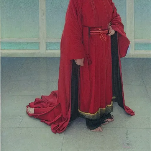 Image similar to portrait of an east asian priestess, dressed in red, by donato giancola.