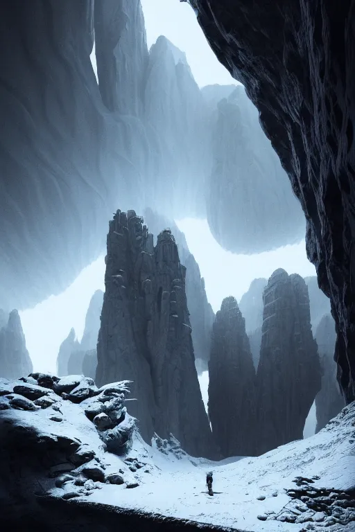 Image similar to futuristic atmosphere in the snowy mountains dolomites 3 d concept art, cinematic lighting, in the mouth of a cave, intricate details, building by zaha hadid, stormy weather, emissary space by arthur haas and bruce pennington and john schoenherr, cinematic matte painting, dark moody monochrome colors, trending on artstation, featured on behance