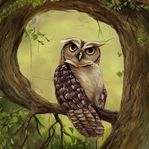 Prompt: beautiful owl girl sitting on the branch, human body and head, owl wings instead arms, owl legs, beautiful paint, art, high quality