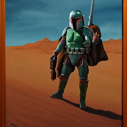 Prompt: Boba Fett looking at a giant cliff on Tatooine, oil painting