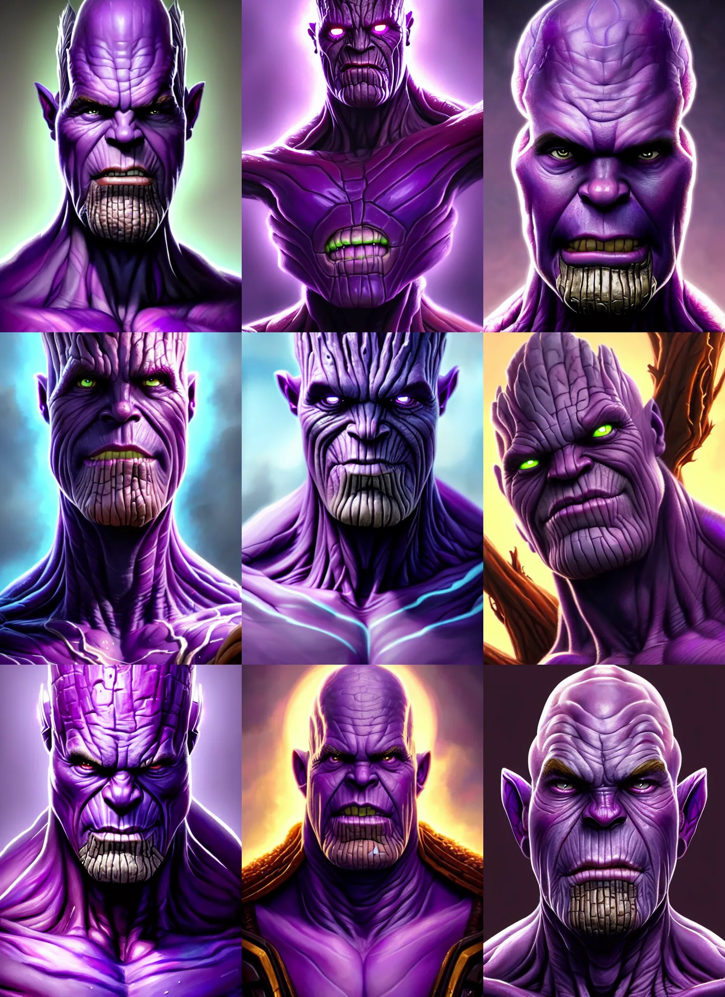 Prompt: a fantasy style portrait painting a character if groot and thanos had a son purple skin, powerful chin, thanos style traits, painting, unreal 5, daz., rpg, portrait, extremely detailed, artgerm greg rutkowski _ greg