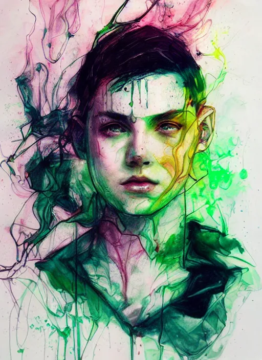 Image similar to green ranger by agnes cecile, luminous design, pastel colours, ink drips, autumn lights