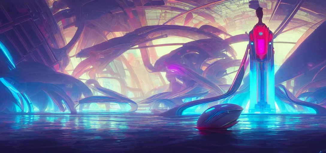 Image similar to a floating temple of androids, channeling swirling energy, wearing netrunner clothing, vaporwave aesthetic, colorful, psychedelic, digital painting, artstation, concept art, smooth, sharp focus, illustration, art by artgerm and greg rutkowski and alphonse mucha