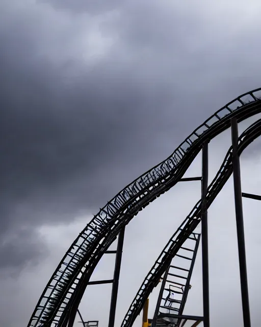 Image similar to a high definition photograph of a roller coaster track that goes up into the dark clouds