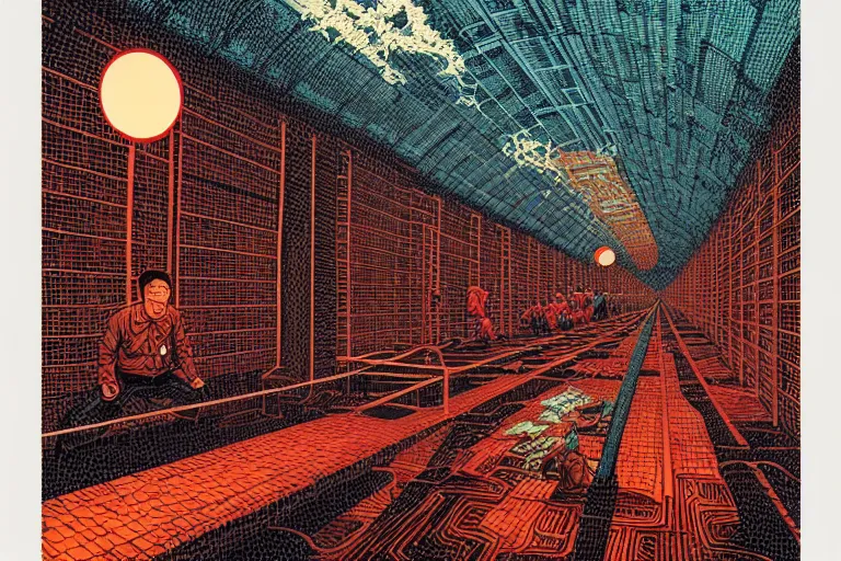 Image similar to artwork of a chinese prison by dan mumford and toshi yoshida and peter doig, symmetrical, vintage scifi, highly detailed, dramatic lightning,, 8 k