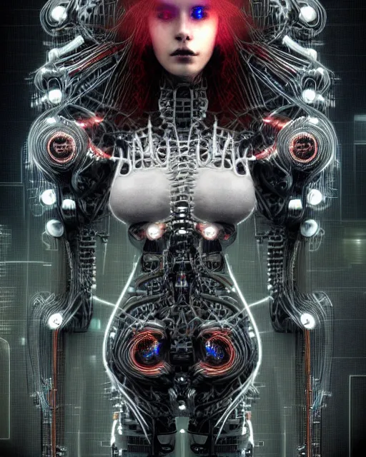 Image similar to portrait photo of an aesthetic biomechanical cyborg plugged into a quantum computer with cables and wires and optic fibers. cyberpunk horror style. art by luis royo. highly detailed 8 k. intricate. nikon d 8 5 0 5 5 mm. award winning photography.