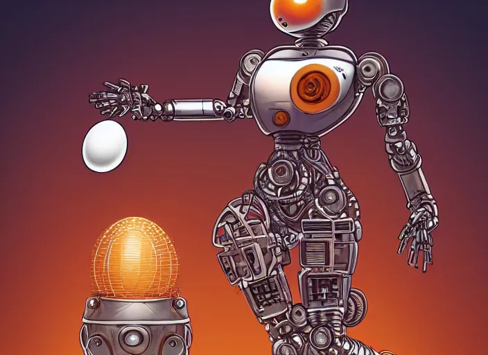 Prompt: A robot in front of Machines holding a robotic egg. Pirayas swimming in the air. Copper and gears. Artwork by Brian Despain and artgerm