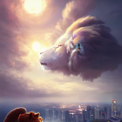 Prompt: Singapore city with a lion-shaped cloud in the sky, by greg rutkowski, red and white lighting, digital art, ultra realistic, ultra detailed, photorealistic, 4k, character concept