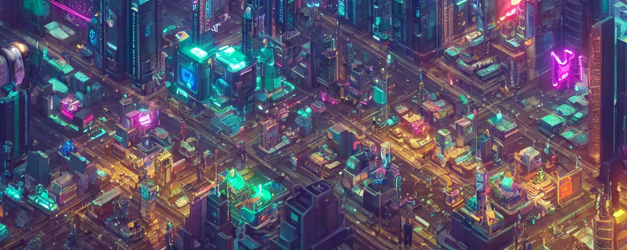 Prompt: cyberpunk city isometric 3d, ultra hd, character design by Mark Ryden and Pixar and Hayao Miyazaki, unreal 5, DAZ, hyperrealistic, octane render, cosplay, RPG portrait, dynamic lighting, intricate detail, summer vibrancy, cinematic