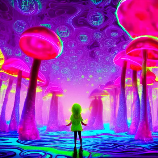 Image similar to Little girl wandering among many giant glowing mushrooms, Neon colors, psychedelic art, trippy, 4k, HQ, Trending on Artstation