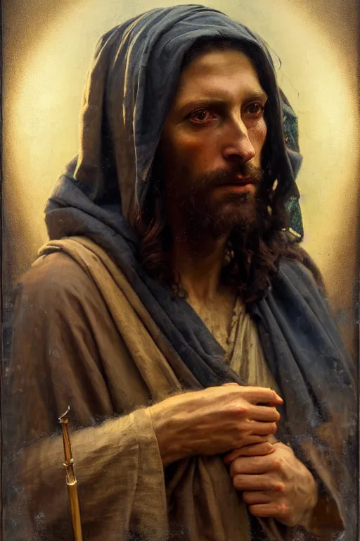 Image similar to photograph imax and solomon joseph solomon and richard schmid and jeremy lipking victorian loose genre loose painting full length portrait painting of jesus