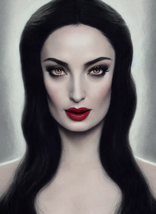 Image similar to close up portrait of ana de armas as morticia addams, masterpiece, intricate, elegant, highly detailed, digital painting, pinup, ethereal, atmospheric, artstation, concept art, smooth, sharp focus, illustration, art by artgerm and greg rutkowski gil elvgren and sachin teng, symmetry!!