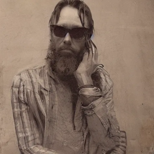 Image similar to Thom Yorke, a man with a beard and a black jacket, a portrait by John E. Berninger, dribble, neo-expressionism, uhd image, studio portrait, 1990s